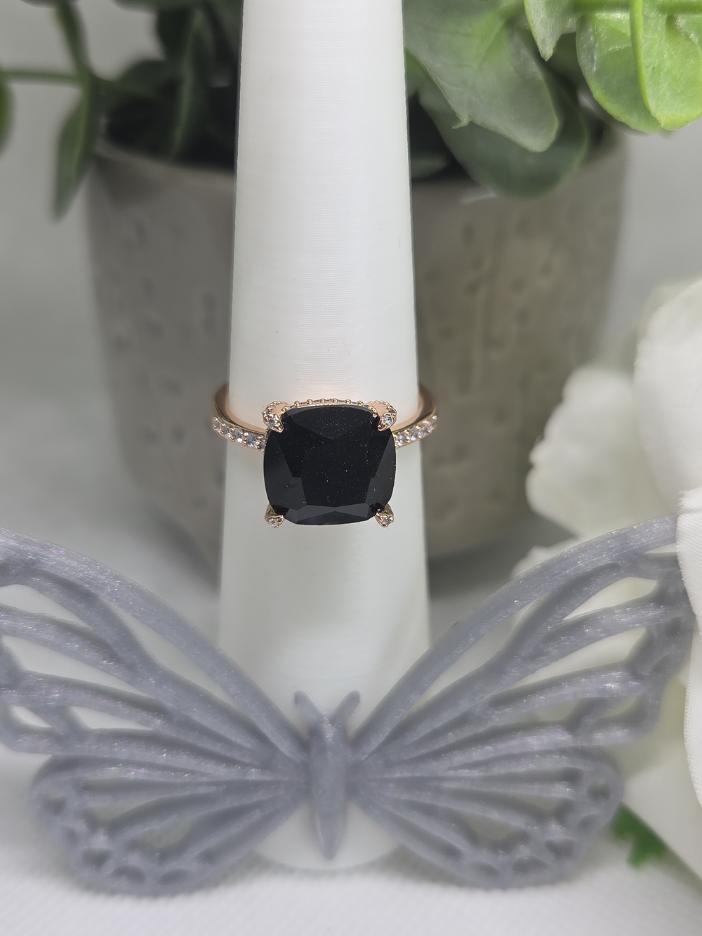 BP Black Cushion-Cut Ring in Rose Gold with Pavé Shoulders